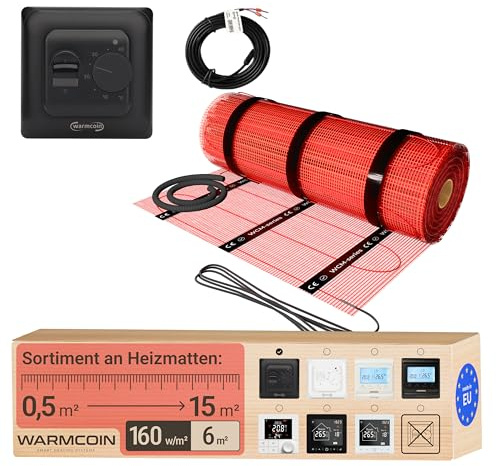 Warmcoin Elektrische Fußbodenheizung Komplettset 160 W/m² – Selbstklebende Heizmatte für Fliesen, Laminat, Vinyl & Parkett [0,5 x 12 m = 6 m²] – Inkl. Thermostat W70 Schwarz