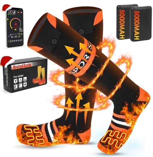 Calcetines Calefactables, 5000*2mAh Calcetines Térmicos Recargables Unisex con 4 Temperaturas, APP Control Calcetines Calefactable Lavables, Calcetines de Calefacción Recargables (Negro, Talla única)