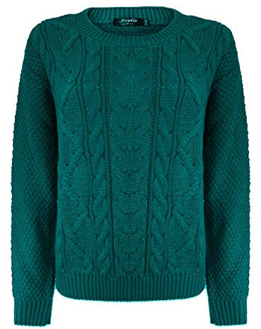 Generation Fashion Pull en tricot torsadé à col rond et manches longues pour femme, vert bouteille, L-XL