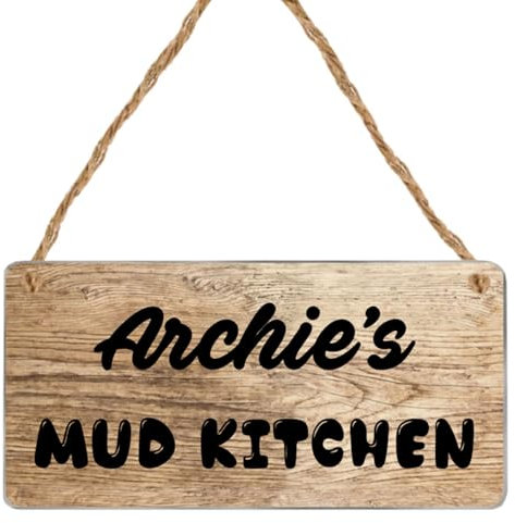 Personalised Kids Mud Kitchen Sign – Custom Name Plaque for Outdoor Play – Acrylic Wall Décor for Garden, Playroom, or Outdoor Mud Kitchen. (Wood Effect with Black Wording)