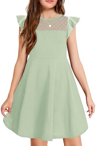 Arshiner Girls Summer Dress Children Party Dresses Round Neck Short Sleeve Knee-Length Casual Dress Light Green 14-15T 165