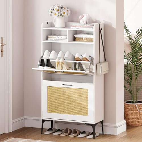 Dripex Shoe Cabinet, with 2 Open Compartment, 2 Flip Drawers, Adjustable and Removable Divider, Metal Flip Stand & Support Feet, Shoe Storage Cabinet For Hallway(Rattan White, 60cm width)