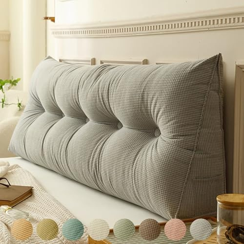 Rückenkissen Bett Grau 200cm, Groß Lesekissen für Bett und Sofa, Cord Bettkissen Rückenlehne Rückenpolster Keil Kopfteil Kissen, Dreieckige Rückenstützkissen Keilkissen Lendenkissen Kopfkissen