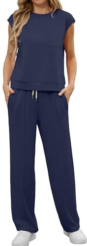 GRECERELLE Two Piece Outfits Women Summer Short Sleeve Tracksuit Womens Full Set Lounge Wear Sets for Women Casual Crew Neck Cap Sleeve Tops and Jogging Bottoms with Pockets(Navy Blue, S)