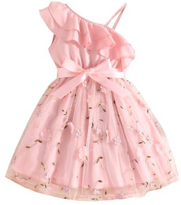 JiAmy Vestito da principessa per ragazze, con volant, monospalla, in tulle, con ricami floreali, per damigella d'onore, per bambini da 2 a 9 anni, rosa, 6-7 Anni