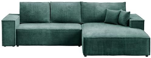 BROMARKT Ecksofa mit Schlaffunktion L Form Sofa Eckcouch mit Bettkasten Wohnlandschaft Kordstoff Couch 294x185x85 cm Schlafsofa für Wohnzimmer Pablo Grün Rechts