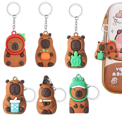 6PCS Kawaii Capybara Porte Clé Silicone Capibara Cadeau Fille Anniversaire | Jouet Capibara Porte Clé Enfant Amusant Animal Porte-clés en Silicone Anniversaire Noël Cadeau Capybara Pendentif de Sac Clé