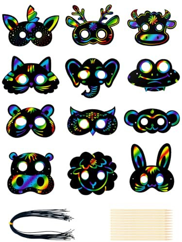 24pcs Tier Masken Kratzbilder für Kinder, Scratch Crafts Kinder Set mit Bändern Kratzstift, DIY Handwerk Masken zum Basteln für Geschenk Kindergeburtstag Spiele Party Mitgebsel Fasching Deko