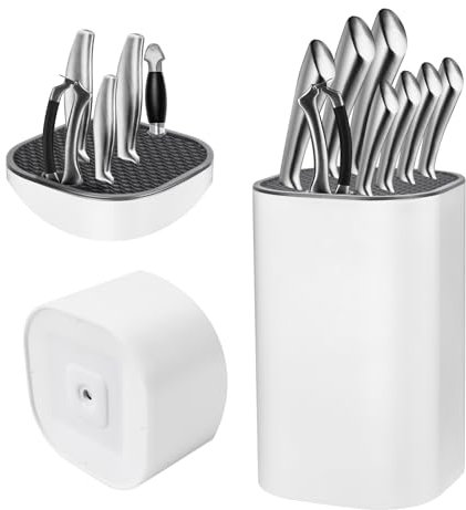 White Knife Block Without Knives Ninonly 3 in 1 Universal Square Knife Block with Scissors Slot and Sharpening Rod Detachable Kitchen Knife Holder for Easy Cleaning Space Saver