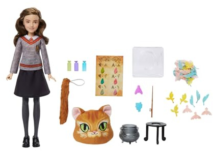 Mattel Harry Potter-Spielzeug, Spielset mit Vielsaft-Trank Hermine Granger-Puppe, typisches Hogwarts-Gewand, 13 Zubehörteile und Brausebomben, JGM21