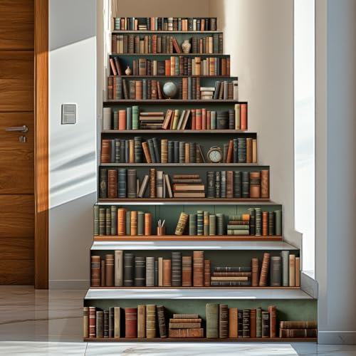 PLIGREAT 15 Streifen Vintage Bücherregal Treppenaufkleber, Peel and Stick Treppenaufkleber für Stufen 18 x 100 cm selbstklebende Vinyl Creative Bücher Treppe Wandbilder Dekor für Home Hotel