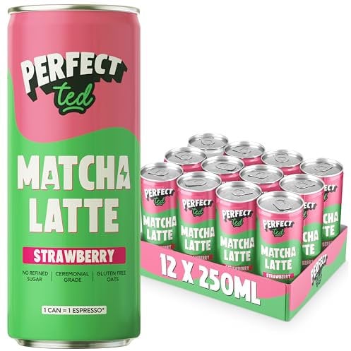 Perfect Ted Matcha Latte | Strawberry | Ceremonial Grade Japanese Matcha Latte Drink | 12 x 250 ml | Gluten Free Oats | Matcha Fuel | 1 Can = 1 espresso