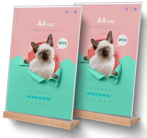 2 Stück A4 Acryl Aufsteller, Tischaufsteller mit Holzfuß, Acryl L-Ständer, Doppelseitiger Vertikaler Tischaufsteller Ständer, für Cafe, Restaurant, Hochzeit, 29,7 x 21 cm