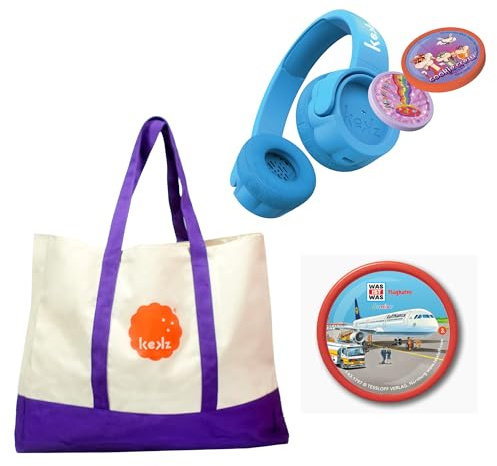Kekz Kekzhörer Blau: Inkl. was Ist was Juinor + Cookie Crew, Wunderkekz, | Kekz Starterset, inkl. Sammelbeutel + Kekz Strandtasche, Kopfhörer für Kinder ab 3 Jahren, für unterwegs und zuhause, Reisen
