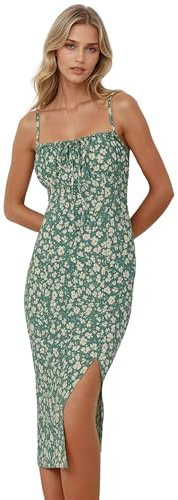 Hiccup Allover Flower Print Bodycon Midi Dress with Slit Green