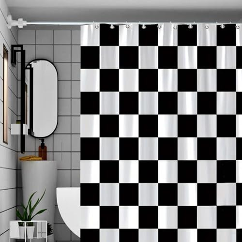 Duschvorhang 180×180cm - Karierter Badevorhang Retro Schachbrett Shower Curtain Polyester Textil Vorhang Anti Schimmel Wasserdichter Schnelltrocknend Waschbar für Badewanne mit 12 Haken(Schwarz&Weiß)