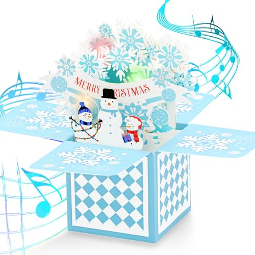3D Weihnachtskarten Pop Up Karte mit Musik Und Licht Schneemann Schneeflocken Wintermotiv Festliche Weihnachtskarte mit Umschlag Traditionelle Papierkunst für Erwachsene Freunde Geschenkidee