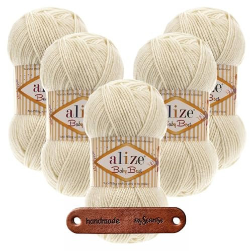 ALIZE 5 x 100g Baby Best 62 Light Cream Premium Wolle babyweich ohne Fusseln für Babykleidung Decken und Accessoires hautfreundlich pflegeleicht für das ganze Jahr mit mySearose Label