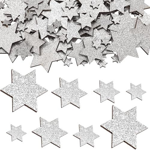 Whimzey Holzsterne zum Basteln Streudeko Weihnachten 1-4cm, 50 Stk Glitzer Sterne Deko Holz Klein,4 Größen Weihnachtsdeko Sterne Silber,Konfetti Weihnachten Tischdeko,Dekostern für Hochzeit,Geburtstag