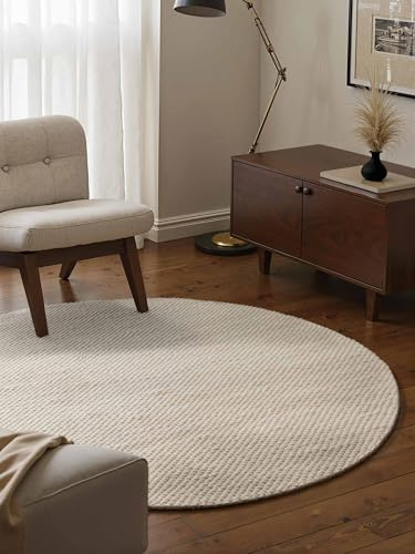 Elle Decoration Lyon - Wollteppich Beans Rund, Natürlich & Handgemacht, Wohnzimmerteppich Wolle im Skandi Loop Design, Einfarbiger Naturteppich mit Perlenstruktur - Natur Creme, Ø 160 cm