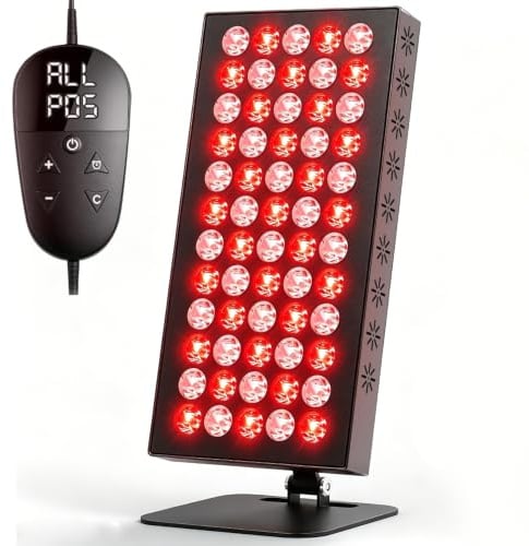 Fouvin Rotlichtlampe 660nm & 850nm, Red Light Therapy Panel 50W mit 60 LEDs | Rotlichtlampe 660nm & 850nm: Red Light Therapy & Infrarotlampe für Gesicht und Körper mit Timer und 5 Helligkeitsstufen.