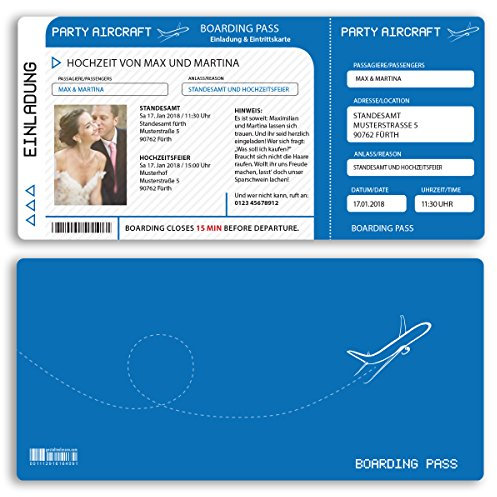 (10 x) Hochzeitseinladungskarten Flugticket Boarding Pass blau Einladungskarten Hochzeit