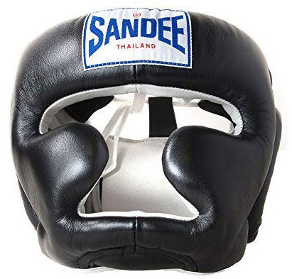 Sandee Muay Thai Schwarz Leder Kopfschutz - Schwarz, M