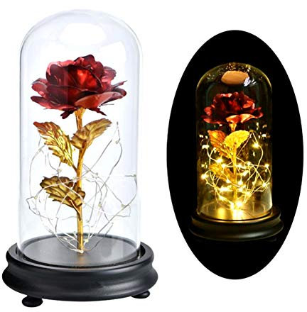 PanDaDa Rose Plaqué Or 24K,“La Belle Et La Bête Rose”,Rose Eternelle Romantique, Rose Dorée Rouge,Fleur Artificielle avec LED Lumière en Dôme en Verre,Rouge