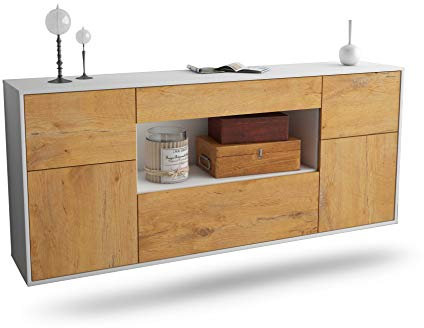 Dekati Sideboard Visalia hängend (180x77x35cm) Korpus Weiss matt - Front Holz-Design Eiche - Push to Open - Leichtlaufschienen