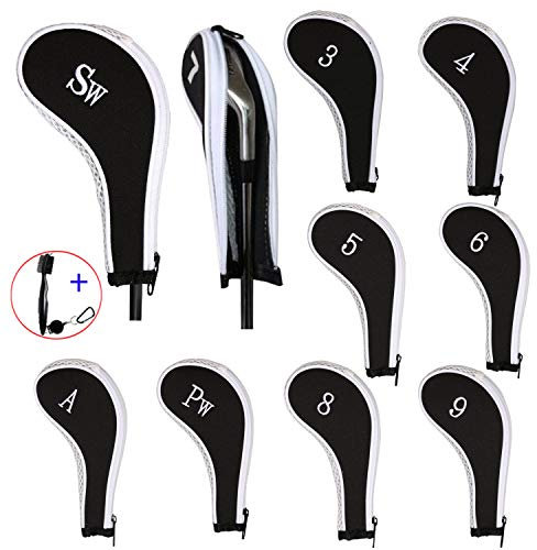 EDATOFLY 10 Stück Schlägerkopfhüllen für Eisen Schlägerhauben Golf Langer Hals mit Anzahl Print und 1 Stück Golf Bürste (Schwarz + Weiß)