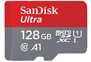 SanDisk Ultra 128GB microSDXC Speicherkarte bis zu 100 MB/Sek, Class 10, U1, A1, SDSQUAR-128G-GN6MN Grau, Rot