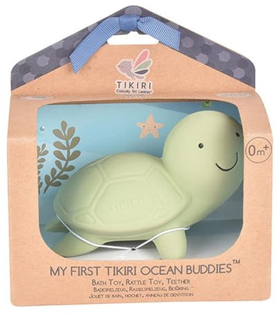 Tikiri 8597510 - Naturkautschuk Rassel in Geschenkbox, Schildkröte, Badewannenspielzeug, für Babys und Kinder ab 0+ Monaten