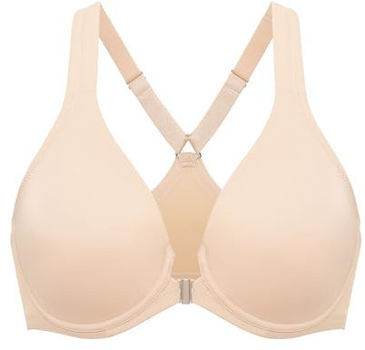 DELIMIRA Women's Front Fastening Bras Seamless Unlined Racer Back Plus Size Underwired Plunge Bra Beige 34D