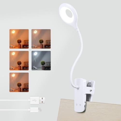 Akynite 3W Leselampe am Bett Aufladbar Klemmbar, Typ-C Ladung, 5 Farbwechsel & 5 Helligkeit, Bettlampe mit akku, 28 LED Klemmlampe Touch Dimmbar, für Nachttischlampe Schreibtischlampe, Weiß