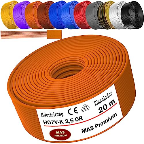 MAS Premium Aderleitung H07 V-K 1x2,5 mm² HBL GRGE RT DBL BR OR GR WS VIO oder GE Einzelader flexibel Von 5 bis 100m (Orange, 20m)