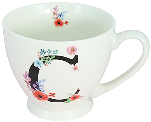 G Decor White Floral, 350ml, Alphabet A-Z Ceramic Tea Coffee XL Cup Mug, Novelty Drinkware for Morning or Evening Drink (C)