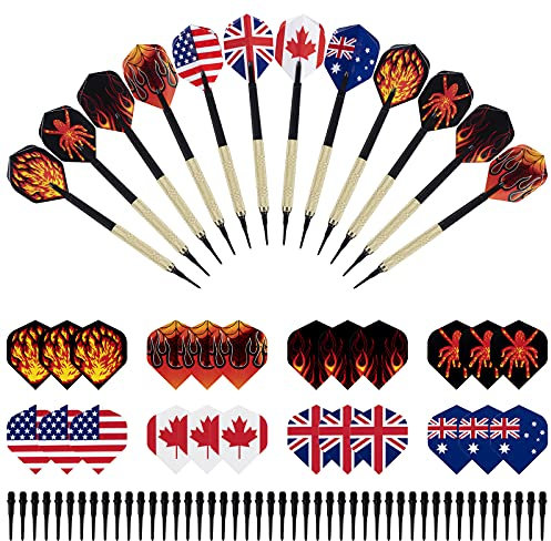 MoonSing Plastic Tip Darts Set of 12 Soft Tip Darts with 8 Style 24 Flag Flights and 46 Plastic Tips for Electronic Dartboard (14 g)