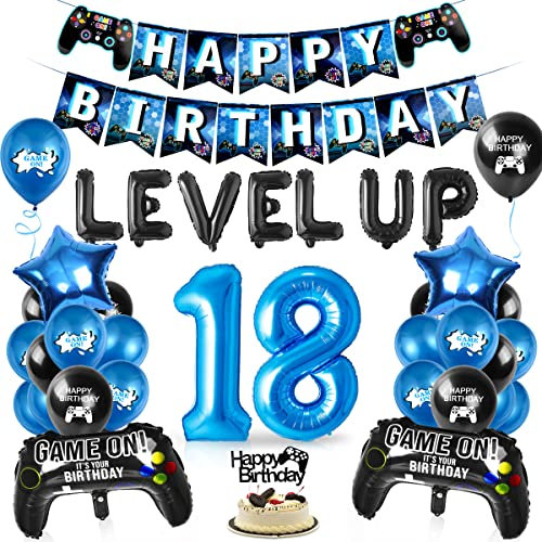 Videospiel Luftballon 18. Geburtstag Blau, 18 Jahre Junge Spiel, Ballons Blau Schwarz, Zahl 18 Folienballon, für Kinder Junge Party Dekoration