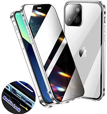 iPhone 13 Pro Privacy Case, Anti Peep Safety Buckle Phone Case with Camera Cover,Double Sided Tempered Glass Full Body Protection Metal Bumper Case (iPhone 13 Pro, Silver)
