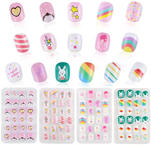 Lanjue 96 Pièces Appuyez sur Enfants Faux Ongles, 4 Boîte Ongle Enfant Fille Mignon à Thème Chat Kit Faux Ongle Enfant, Faux Ongles Noel et Accessoires