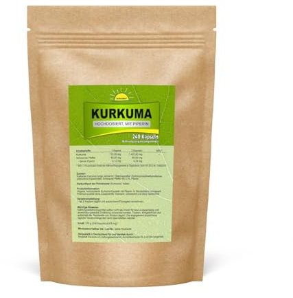 Kurkuma (hochdosiert, Vollspektrum, mit Schwarzem Pfeffer und Piperin), ohne Zusatzstoffe in Deutschland verkapselt, 240 Kapseln à 750 mg, Bonemis®