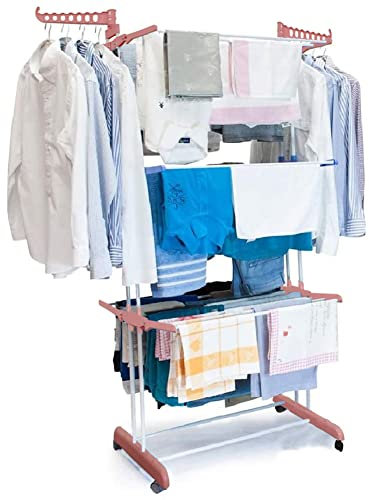 BAKAJI Étendoir à Linge à Tour en Acier et ABS de Grande capacité, modulable, Pliable, économe en Espace, Pliable, Extensible à Linge Antichoc (Rose et Blanc)