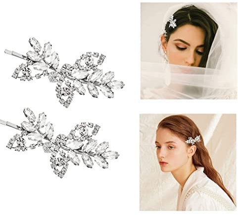 CAEEKER Rhinestone Bridal Hair Clips, 2 PCS Flower Leaf Wedding Hairpin Pearl Crystal Hair Clips Diamond Hair Barrettes Hair Slides Elegant Bridal Hair Accessories for Women Girls Bridal (Silver)