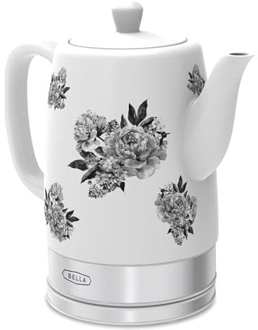 BELLA Hervidor eléctrico y tetera - Calentador de agua de cerámica con base giratoria extraíble, función de apagado automático y protección al hervor, 1,5 litros, flores negras