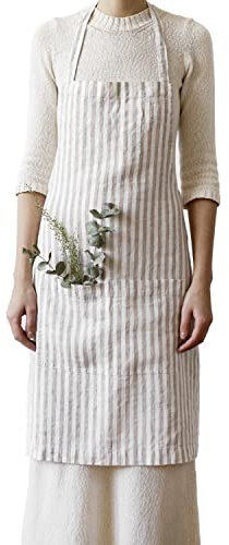 My Linen Home I Leinen Kittelschürze I 100% Stonewashed Leinen I Schürze Damen I Kochschürze Herren I Küchenschürze mit Zwei Taschen I Einstellbare Größe I Leinen Schürze Natürliche Streifen