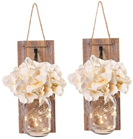 Abaodam Decorative Wood Panel Lights Hanging Candle Holder Rustic Candle Holder Mason Jar Vase Wall Art Mason Jar Light with Plant Decorative Candle Holder Iron Art Pendant Board Wooden