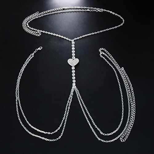RWRAPS Körperketten Strass Einfache Herzkette Brustgeschirr Für Frauen Sexy Strand Bikini Kristall BH Körperkette Schmuck Geschenk (1) (1)