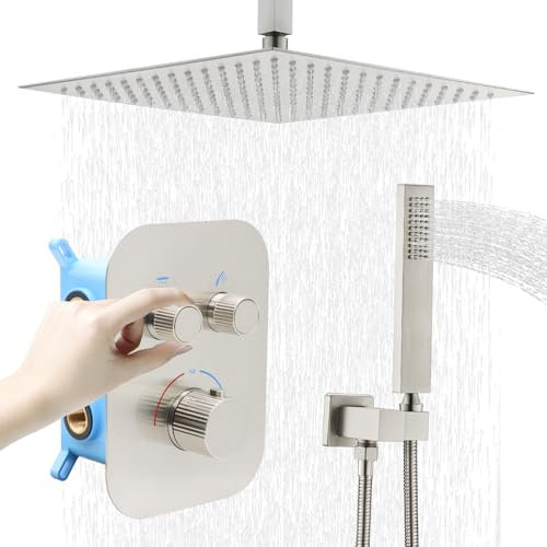 Delnet Upgraded Thermostatic Shower System, 16 Ceiling Mount Rain Shower, Adjustable Flow Control, Dual Mode Showering, Brushed Nickel