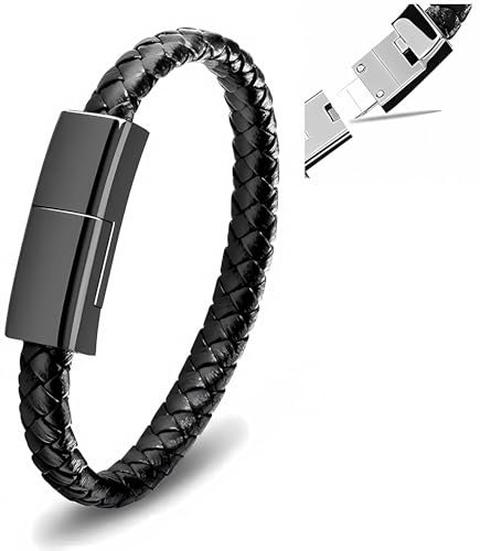 OAXYS PULSERA CABLE CARGADOR USB-A a TIPO-C ANDROID ESTILO PIEL TRENZADA REGALO SAN VALENTIN HOMBRE MUJER (NO COMPATIBLE IPHONE 15 NI CARGA RÁPIDA) (NEGRO-USB A a TIPOC 22,5cm)