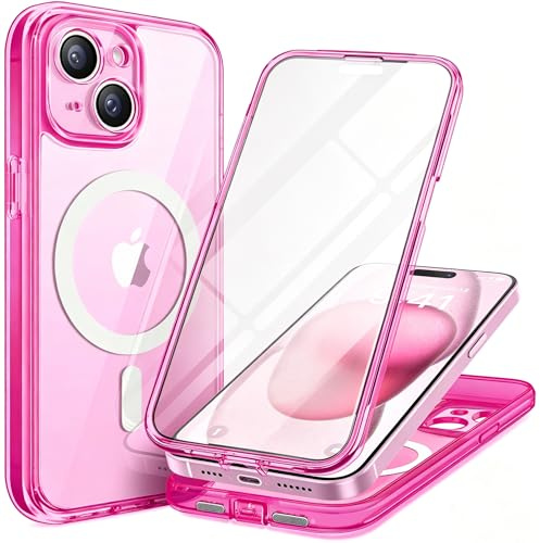 TIESZEN for iPhone 15 Case, Compatible with MagSafe,Fluorescent Pink | Built-in Privacy Screen Protector, Full Camera Protection，Full Body Dustproof Shockproof Hard Magnetic Phone Case 6.1
